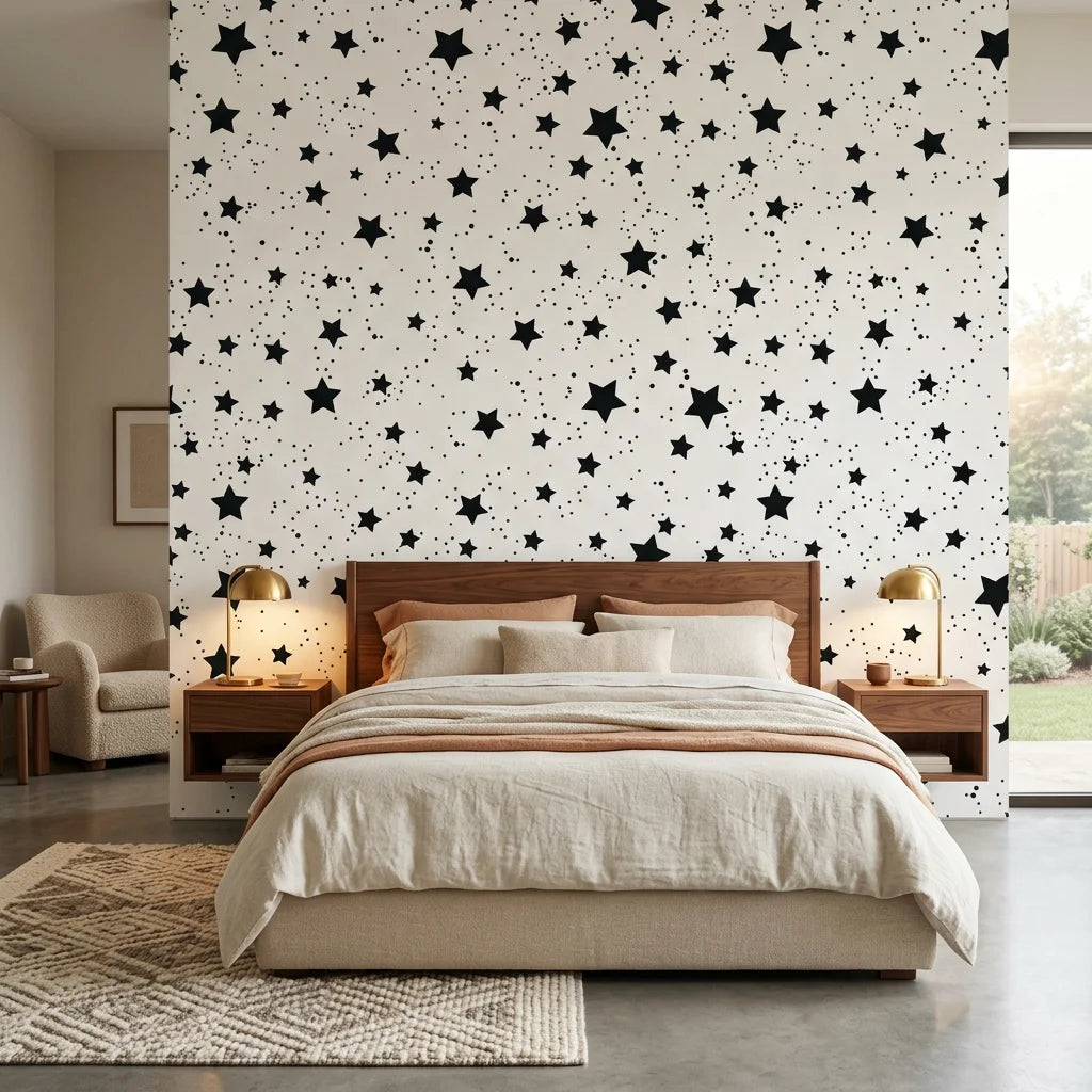 Midnight Dust white with black star pattern wallpaper adding character to a cozy bedroom