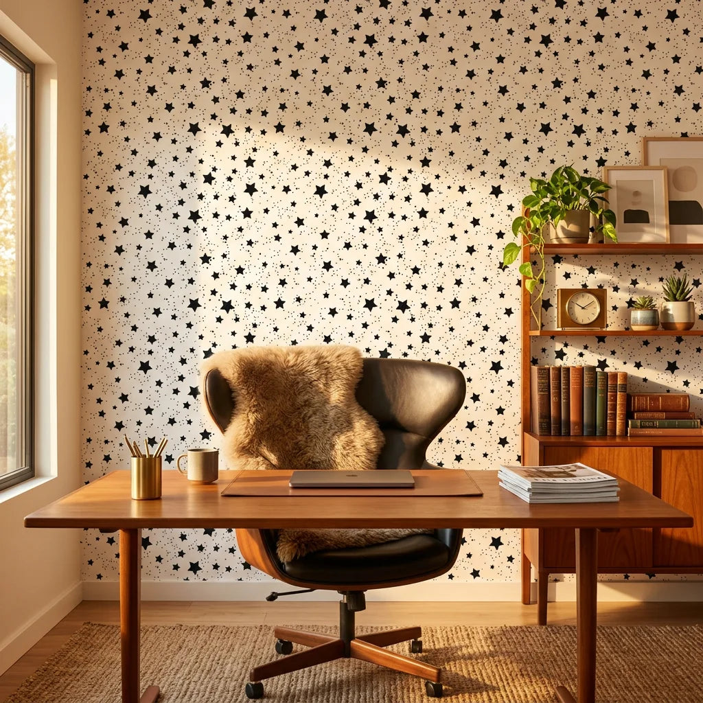 Midnight Dust white with black star pattern wallpaper as a feature wall in a bright home office