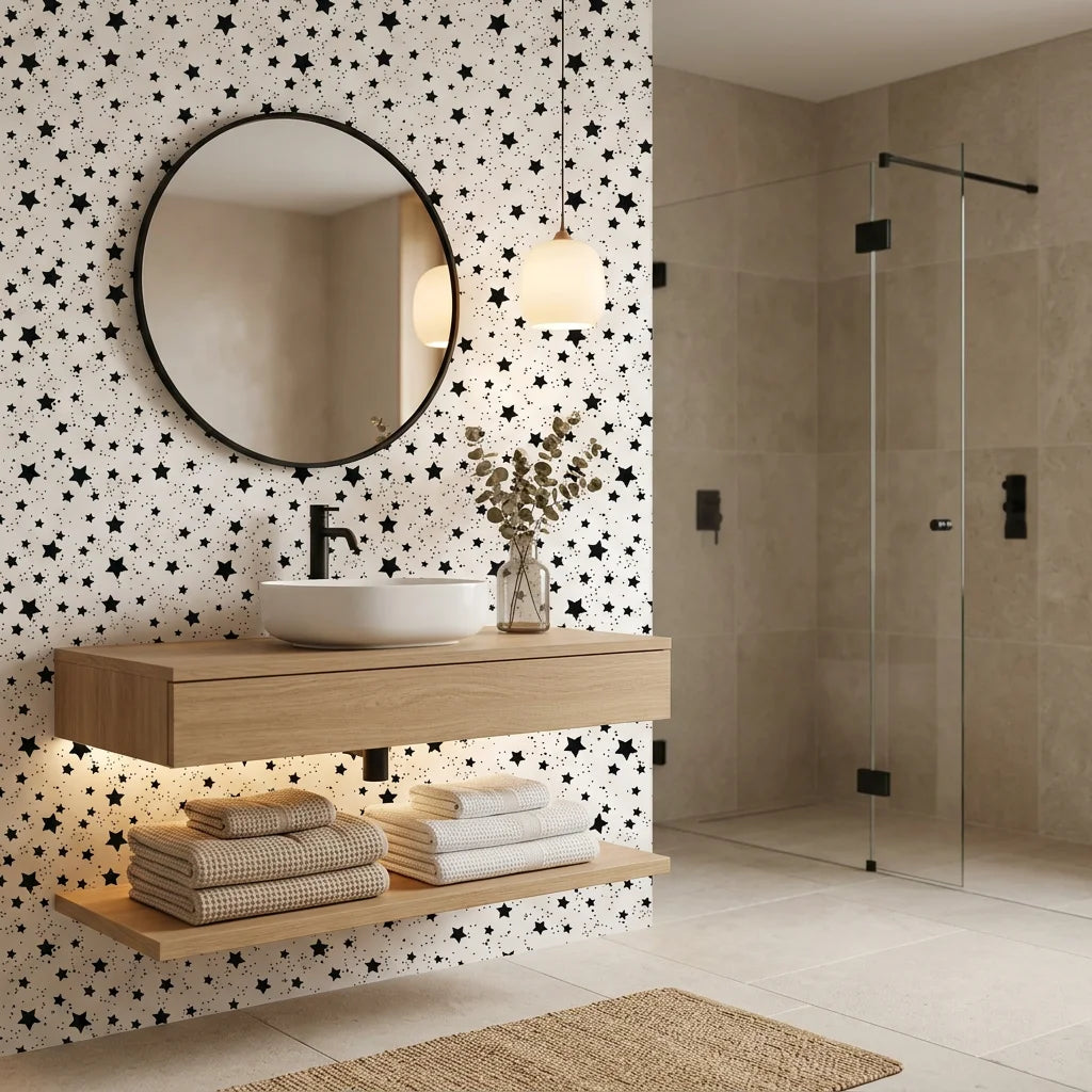 Midnight Dust white with black star pattern wallpaper creating ambiance in a serene bathroom