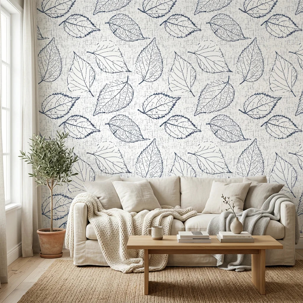 Midnight Fossil peel and stick wallpaper with navy leaf sketches on cream linen-textured background in cozy living room