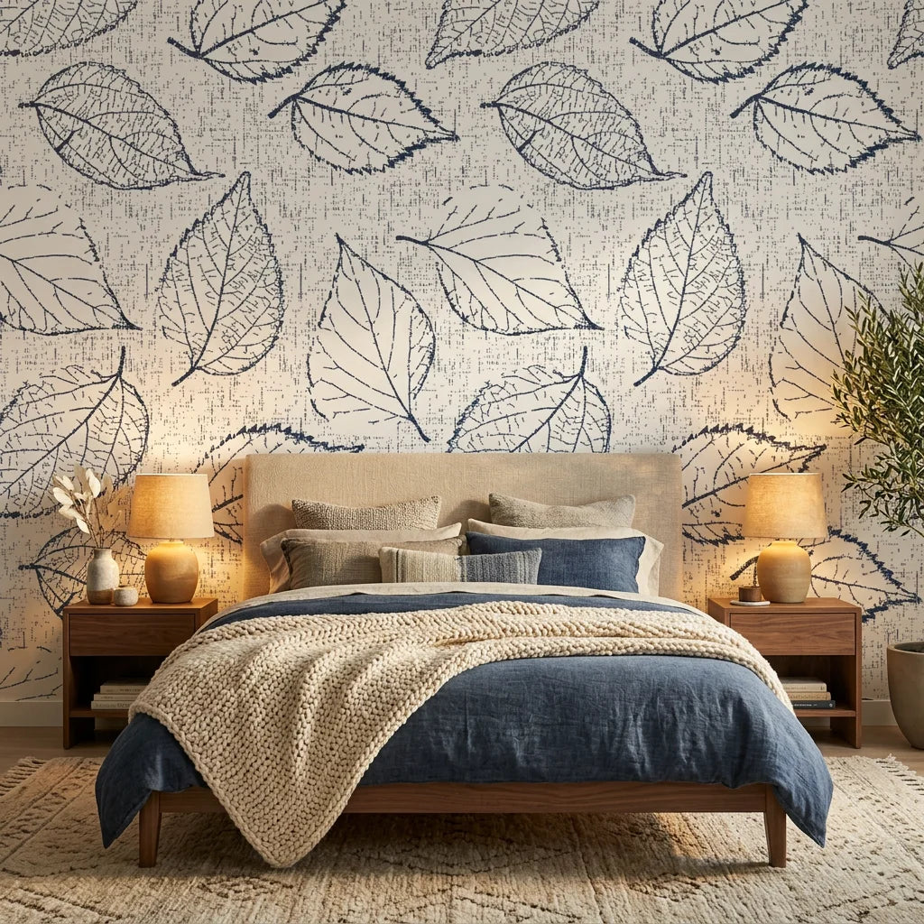 Linen textured Midnight Fossil wallpaper with navy leaf sketches on bedroom accent wall