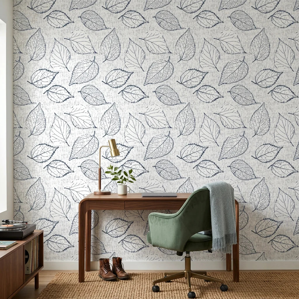 Midnight Fossil removable wallpaper with black botanical leaf sketches on linen-textured cream background in home office