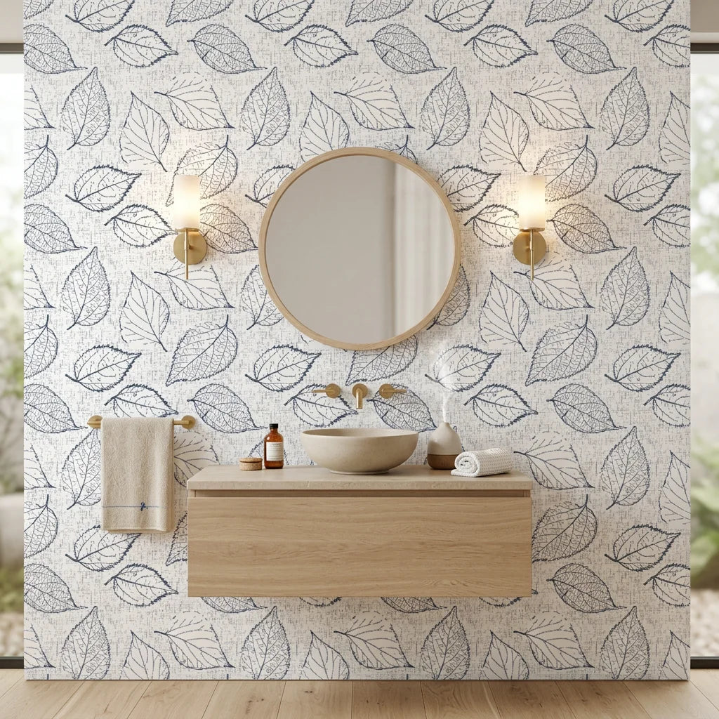 Black and white Midnight Fossil leaf pattern peel and stick wallpaper in modern bathroom with natural linen texture