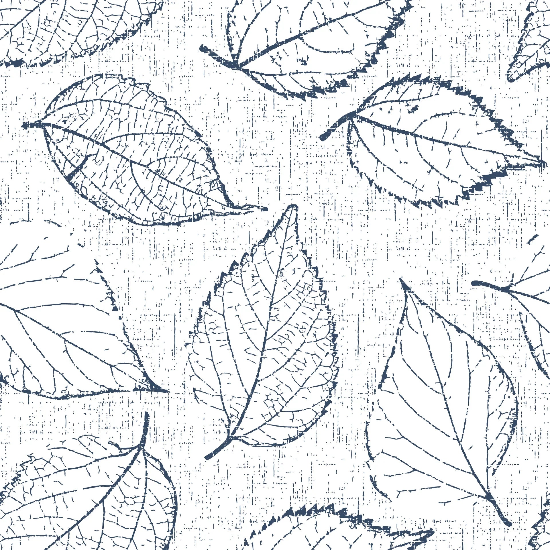 Navy botanical leaf print on textured cream linen Midnight Fossil peel and stick wallpaper