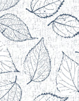 Navy botanical leaf print on textured cream linen Midnight Fossil peel and stick wallpaper