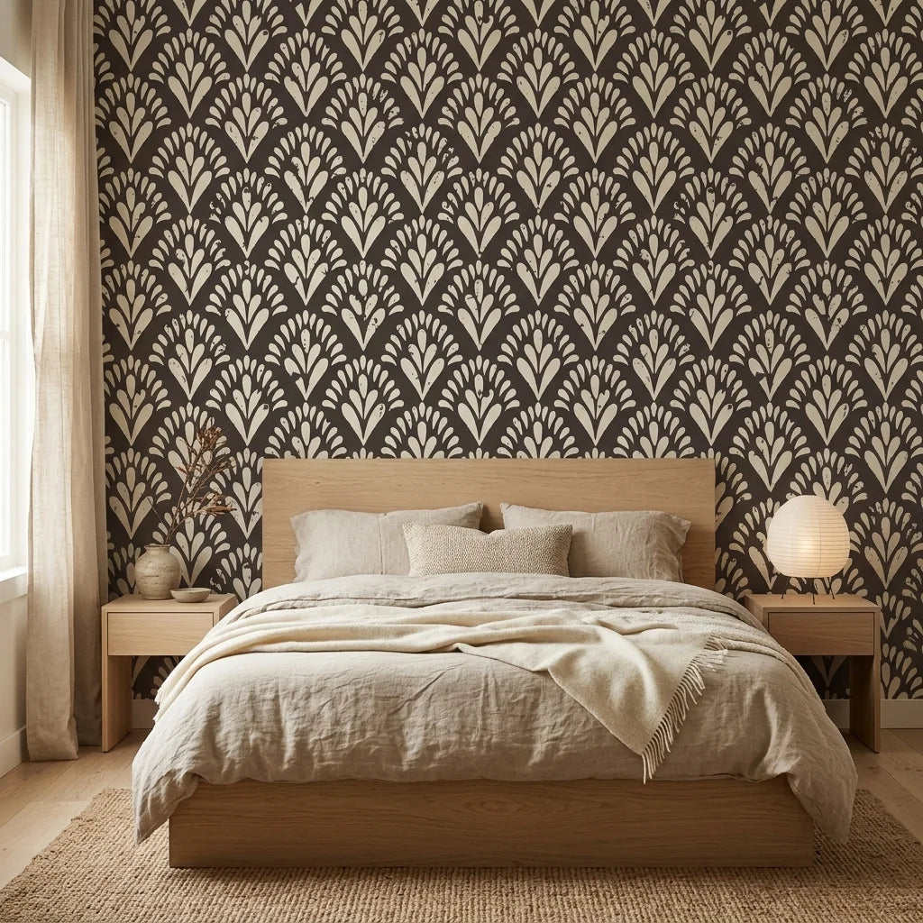 Midnight Frond neutral botanical peel and stick wallpaper adding character to a cozy bedroom