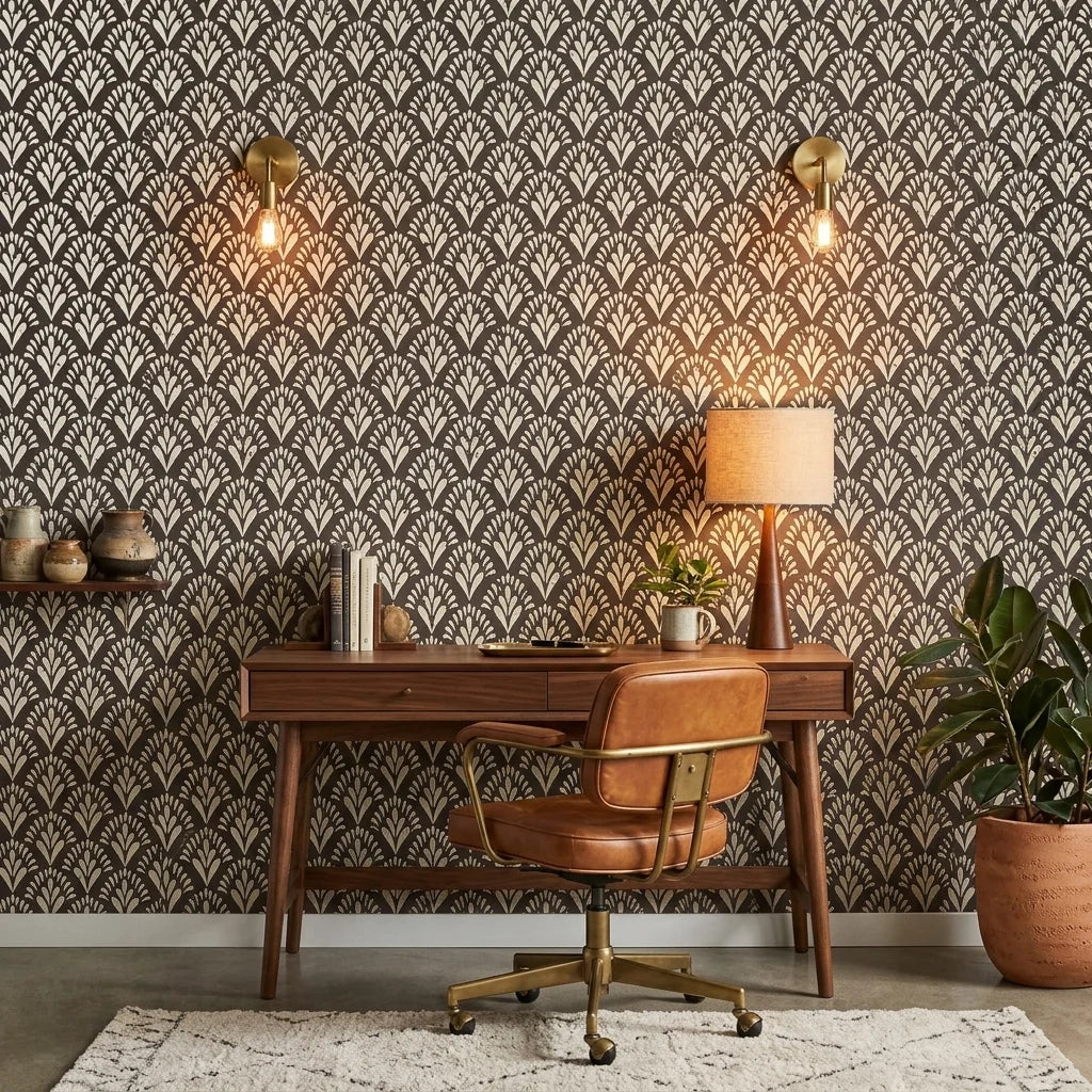 Midnight Frond neutral botanical peel and stick wallpaper as a feature wall in a bright home office