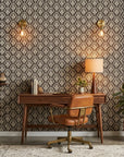 Midnight Frond neutral botanical peel and stick wallpaper as a feature wall in a bright home office