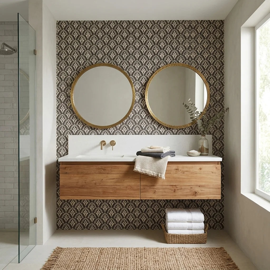 Midnight Frond neutral botanical peel and stick wallpaper creating ambiance in a serene bathroom