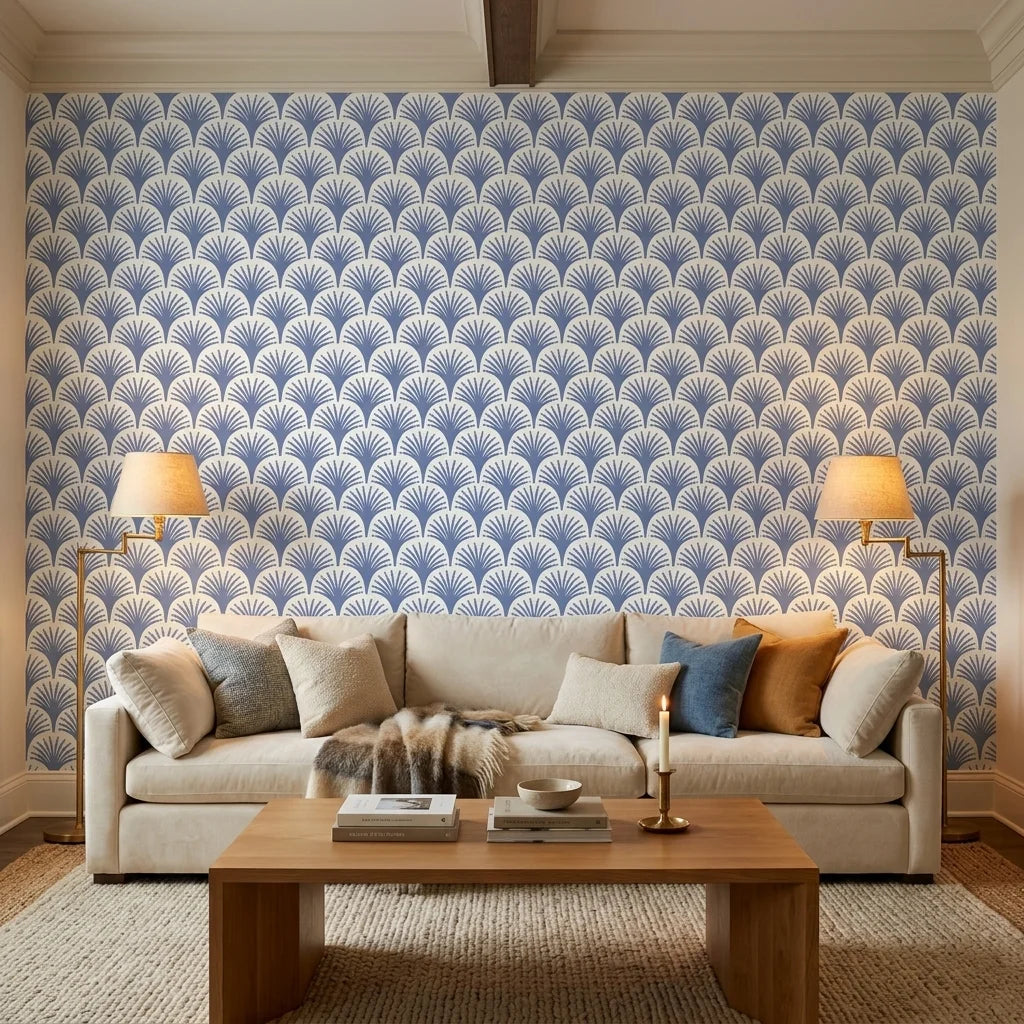 Midnight Garden blue art deco wallpaper in a warm and inviting living room