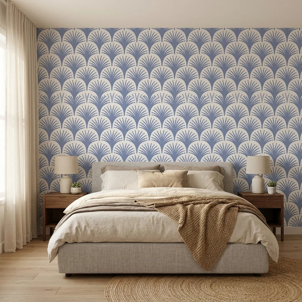 Midnight Garden blue art deco wallpaper adding character to a cozy bedroom