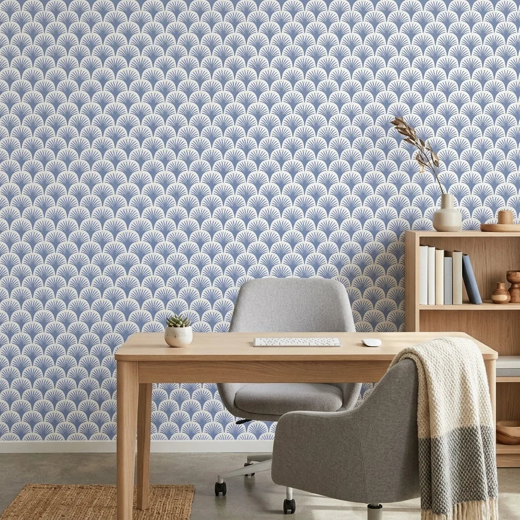 Midnight Garden blue art deco wallpaper as a feature wall in a bright home office