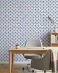 Midnight Garden blue art deco wallpaper as a feature wall in a bright home office