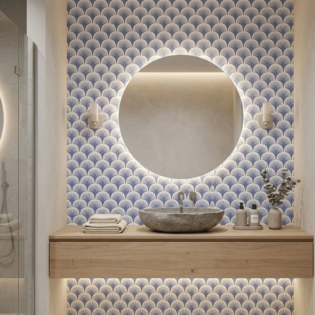 Midnight Garden blue art deco wallpaper creating ambiance in a serene bathroom