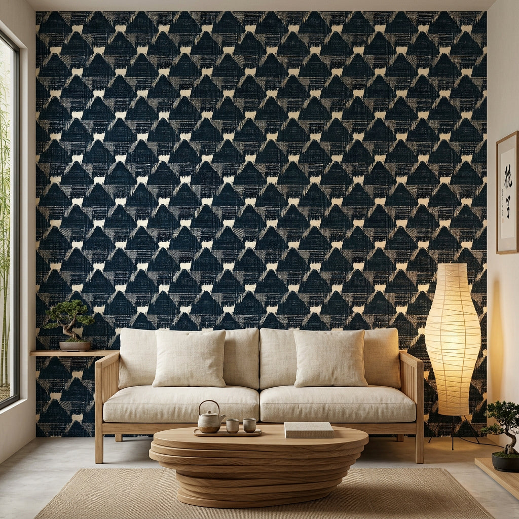 Midnight Mosaic navy and ivory abstract wallpaper in a warm and inviting living room