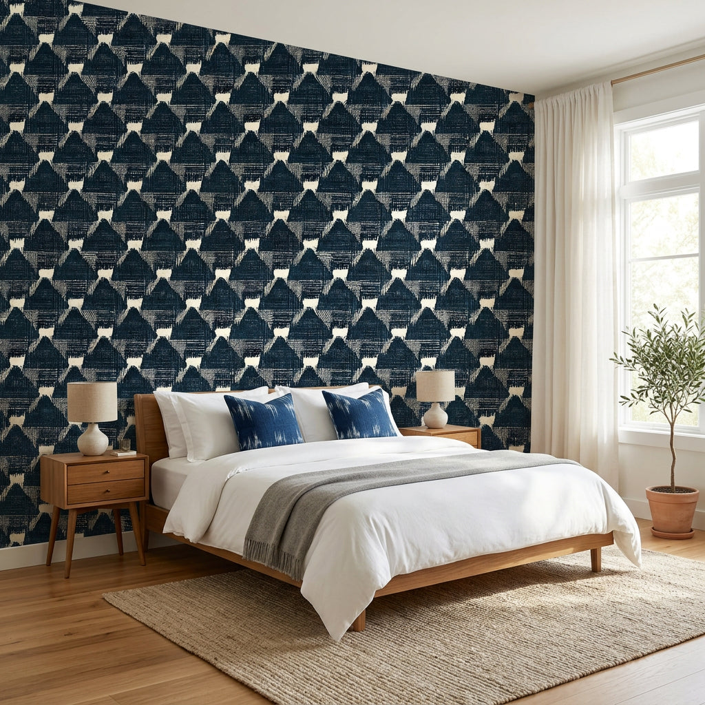 Midnight Mosaic navy and ivory abstract wallpaper adding character to a cozy bedroom