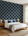 Midnight Mosaic navy and ivory abstract wallpaper adding character to a cozy bedroom