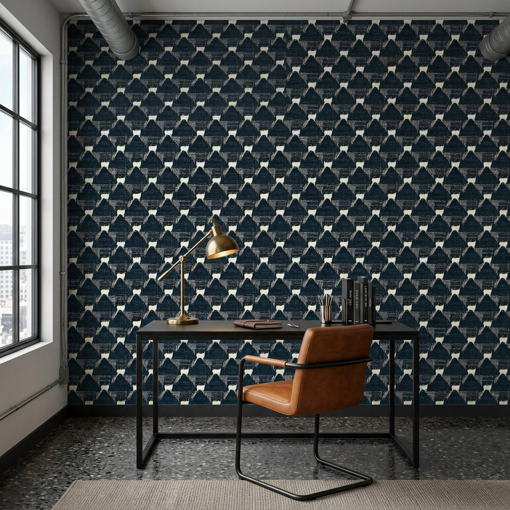 Midnight Mosaic navy and ivory abstract wallpaper as a feature wall in a bright home office