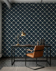 Midnight Mosaic navy and ivory abstract wallpaper as a feature wall in a bright home office