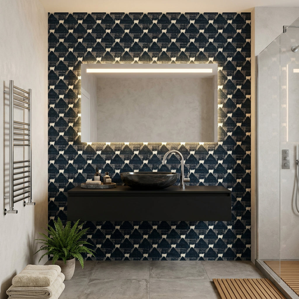 Midnight Mosaic navy and ivory abstract wallpaper creating ambiance in a serene bathroom