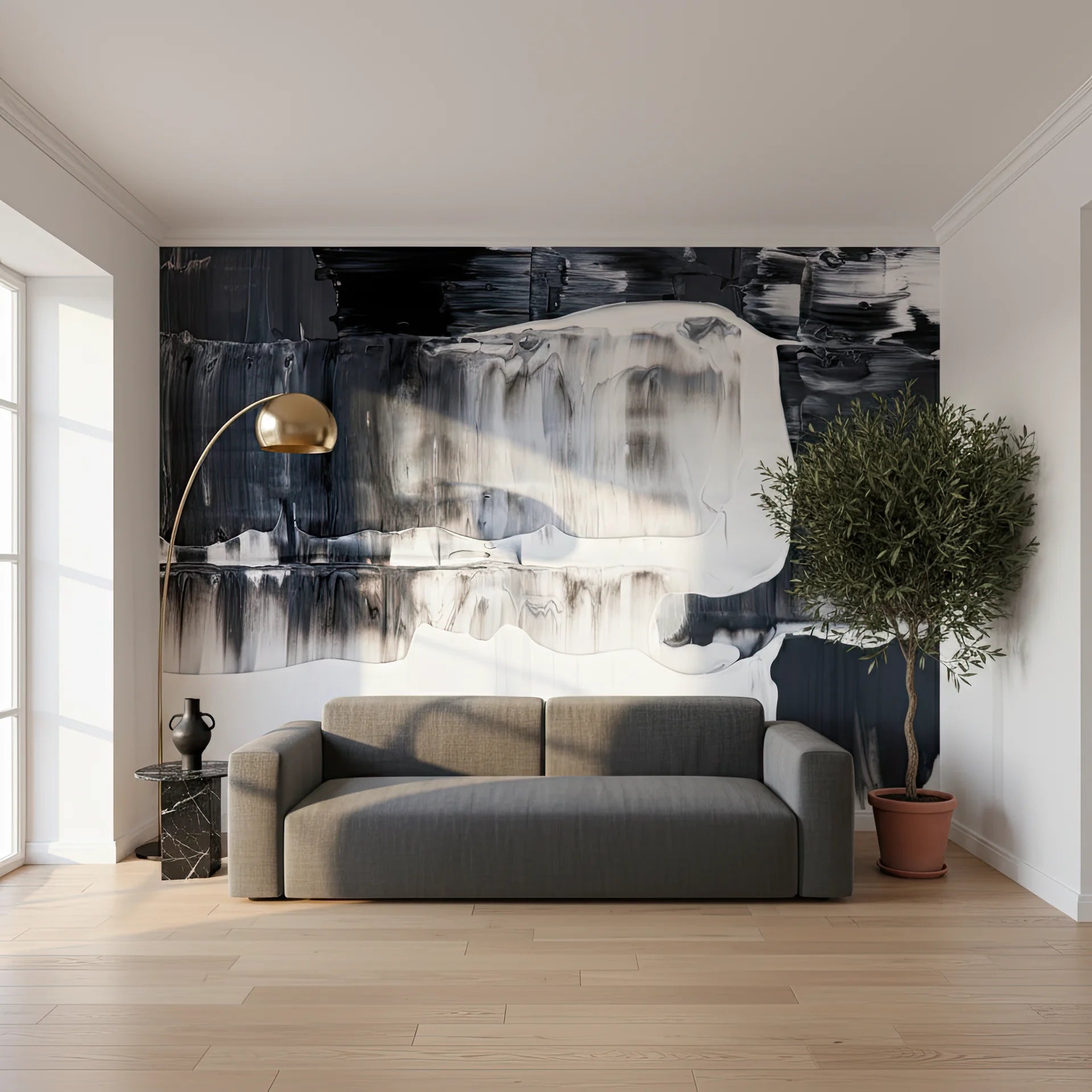 Bold black and white peel and stick wallpaper with dramatic forms