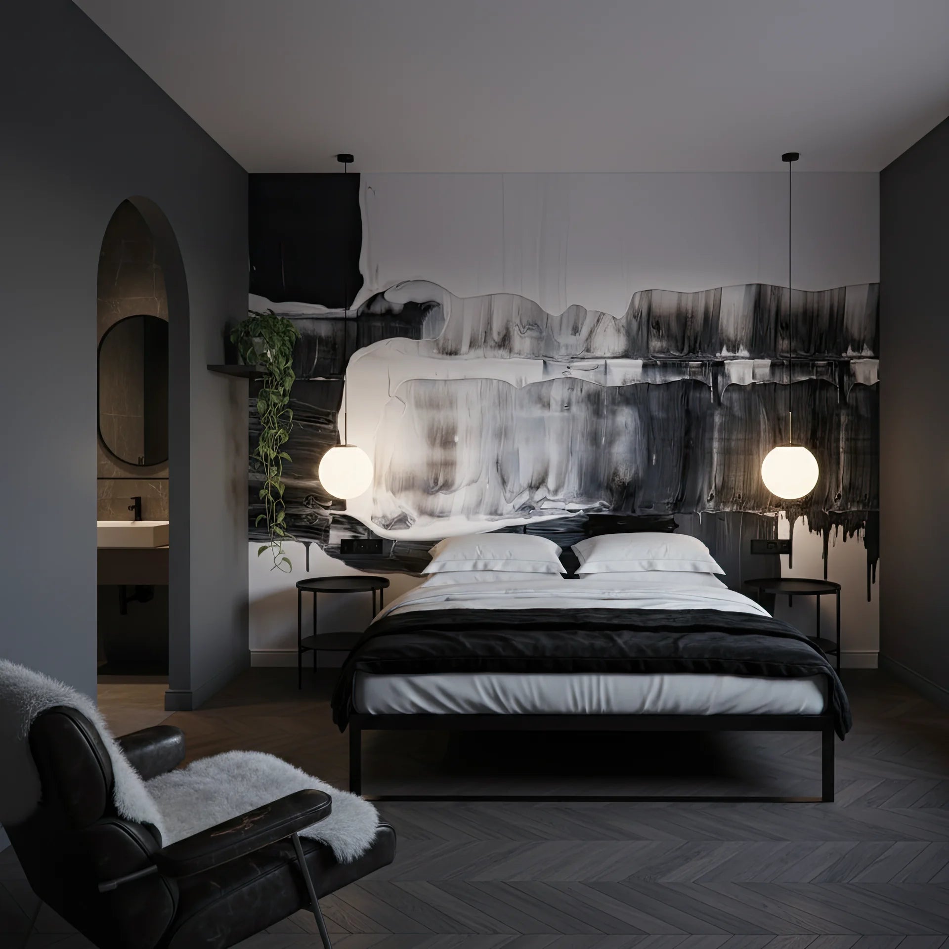 Contemporary black and white wall covering with dramatic movement