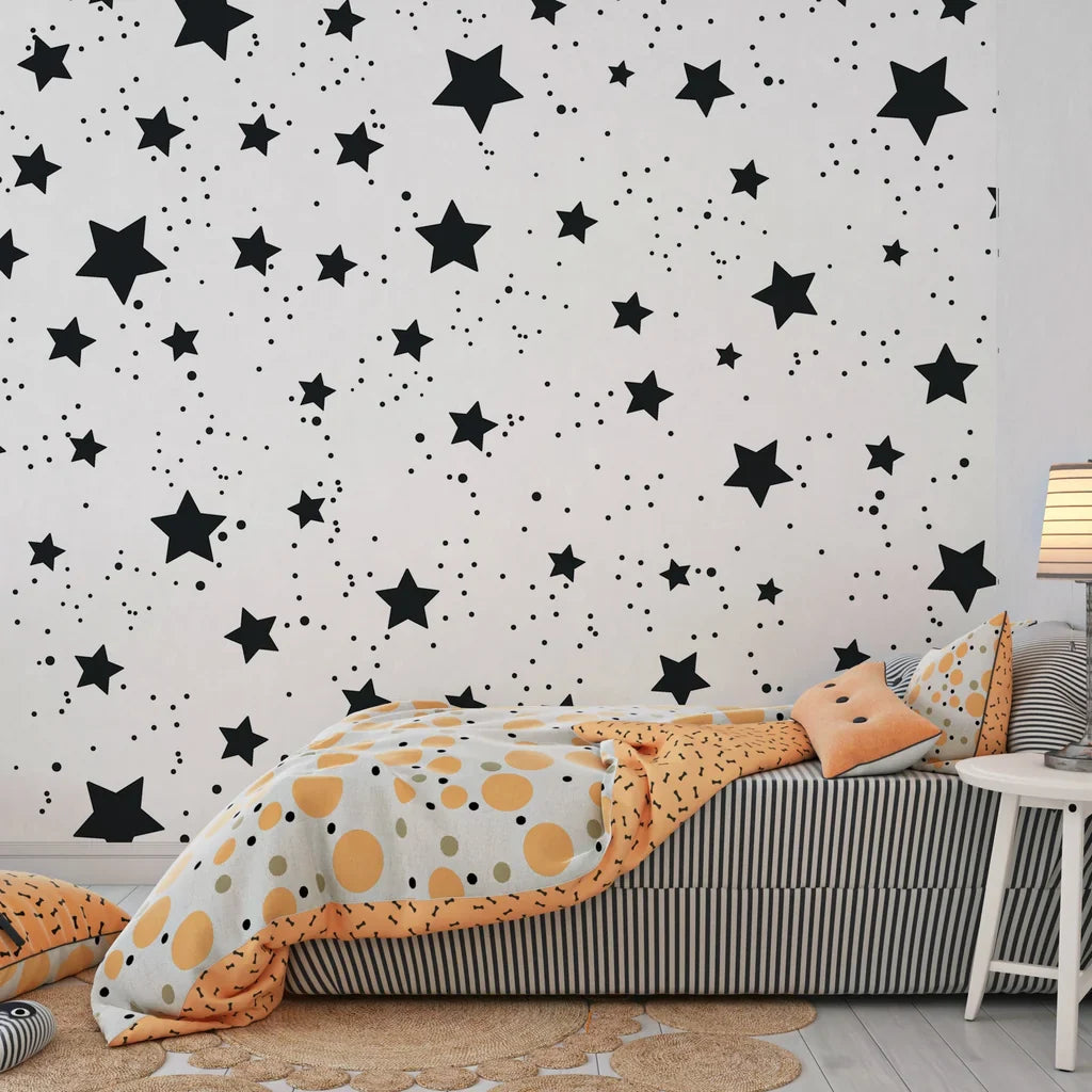 Black and white celestial constellation print peel and stick wall covering - Midnight Dust