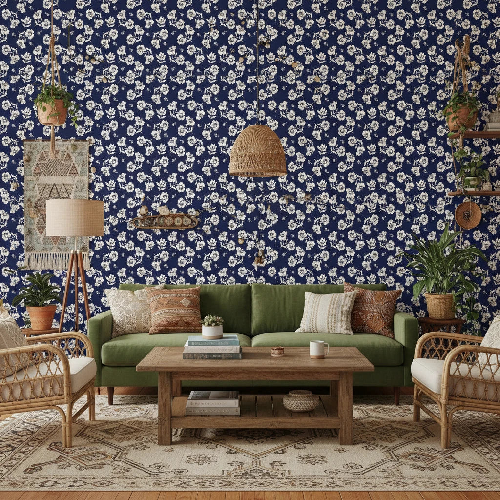 Midnight Embroidery elegant navy floral wallpaper in a warm and inviting living room