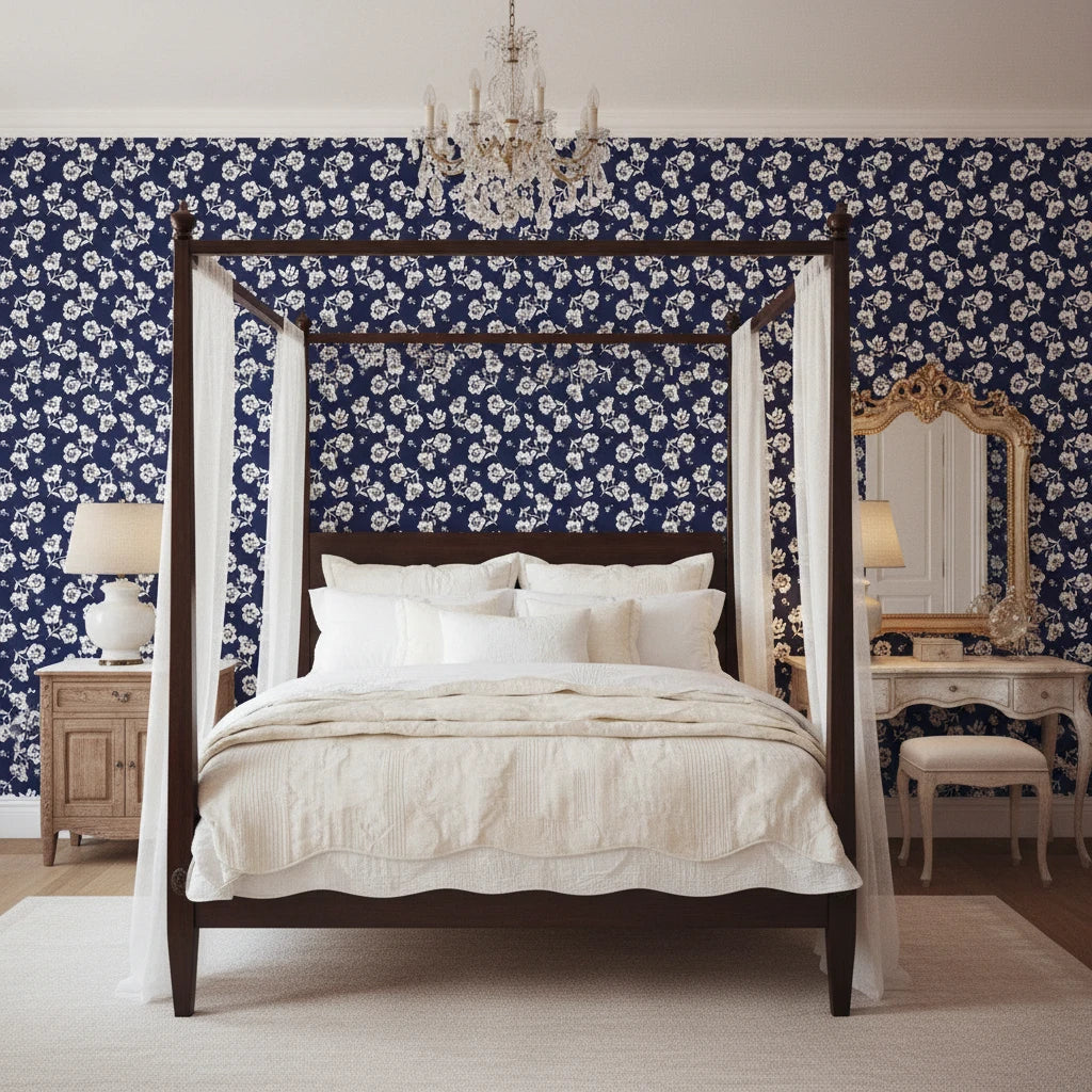 Midnight Embroidery elegant navy floral wallpaper adding character to a cozy bedroom