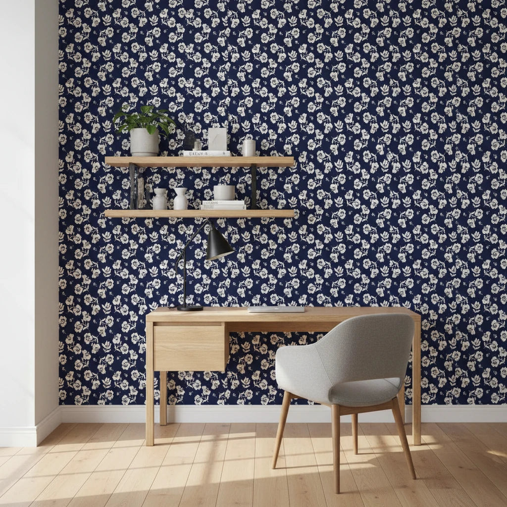 Midnight Embroidery elegant navy floral wallpaper as a feature wall in a bright home office