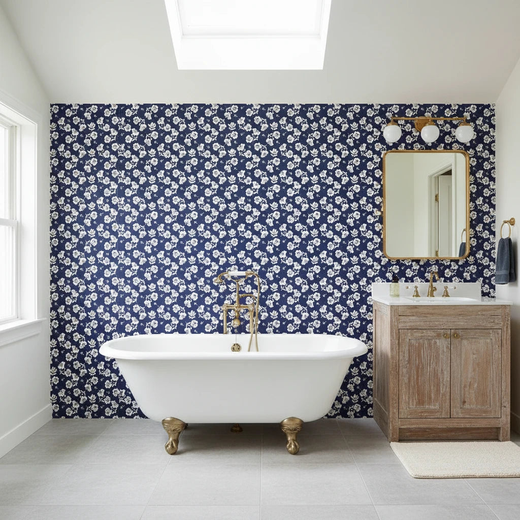 Midnight Embroidery elegant navy floral wallpaper creating ambiance in a serene bathroom