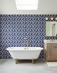 Midnight Embroidery elegant navy floral wallpaper creating ambiance in a serene bathroom