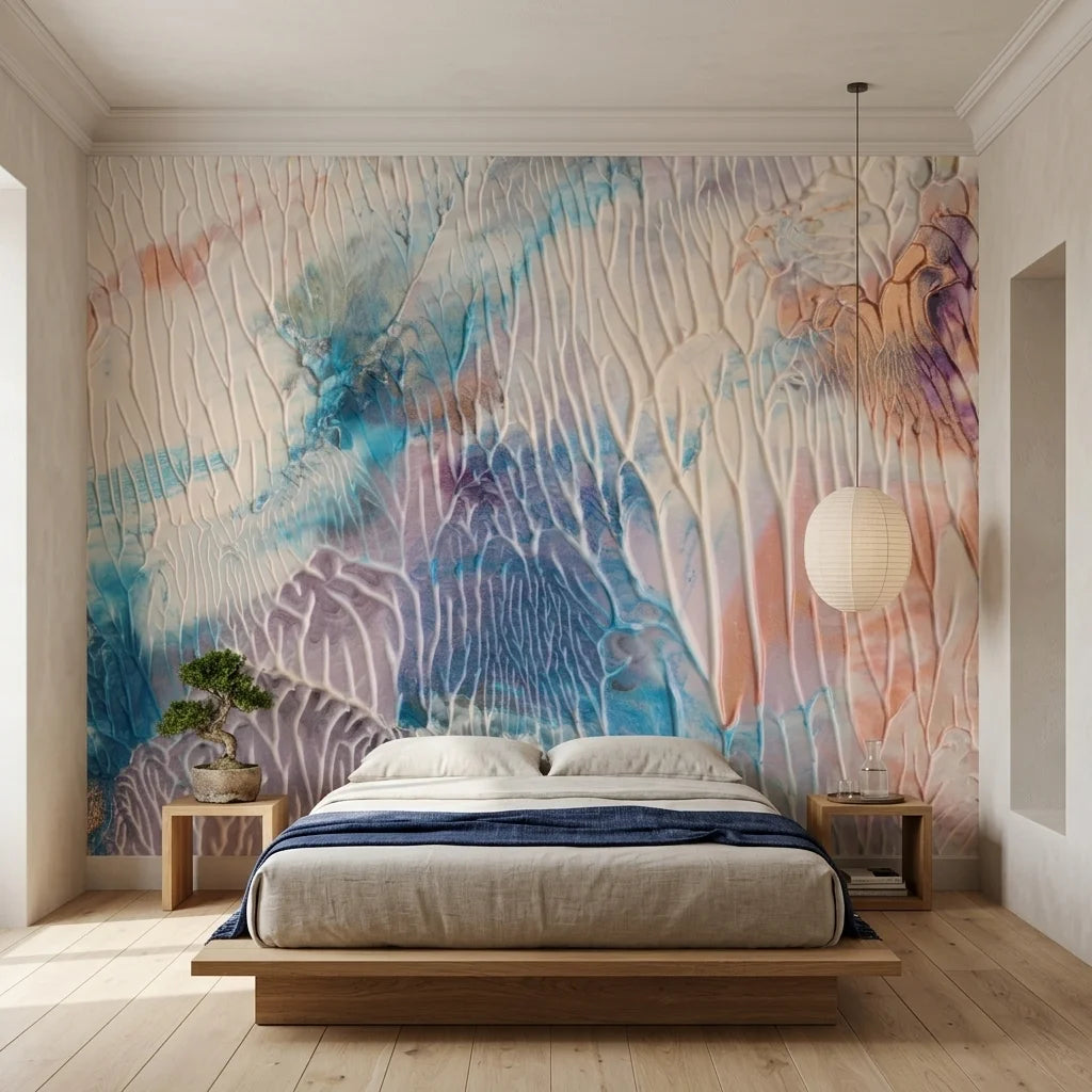 Mineral Bloom pastel crystalline abstract wallpaper in a warm and inviting living room