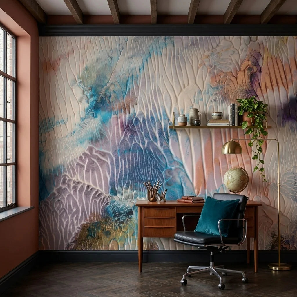 Mineral Bloom pastel crystalline abstract wallpaper adding character to a cozy bedroom
