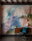 Mineral Bloom pastel crystalline abstract wallpaper adding character to a cozy bedroom