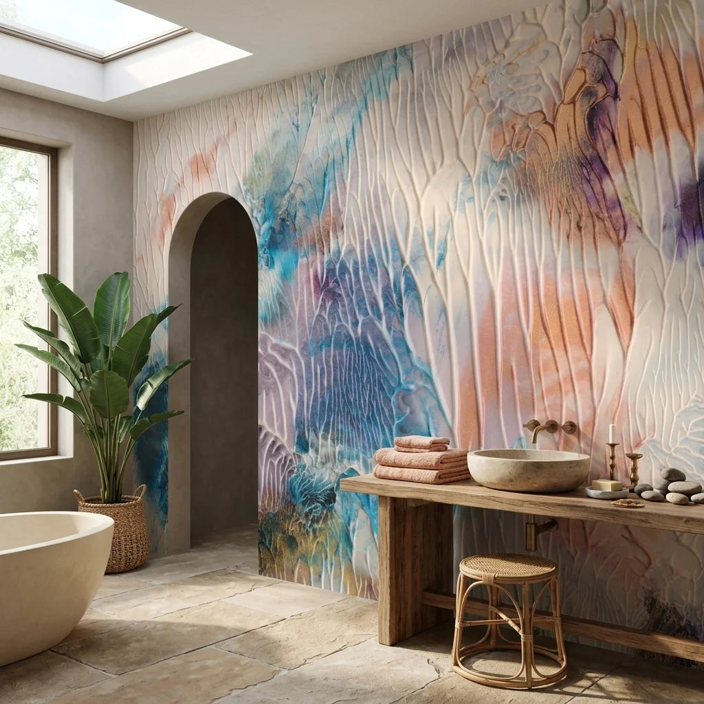 Mineral Bloom pastel crystalline abstract wallpaper as a feature wall in a bright home office