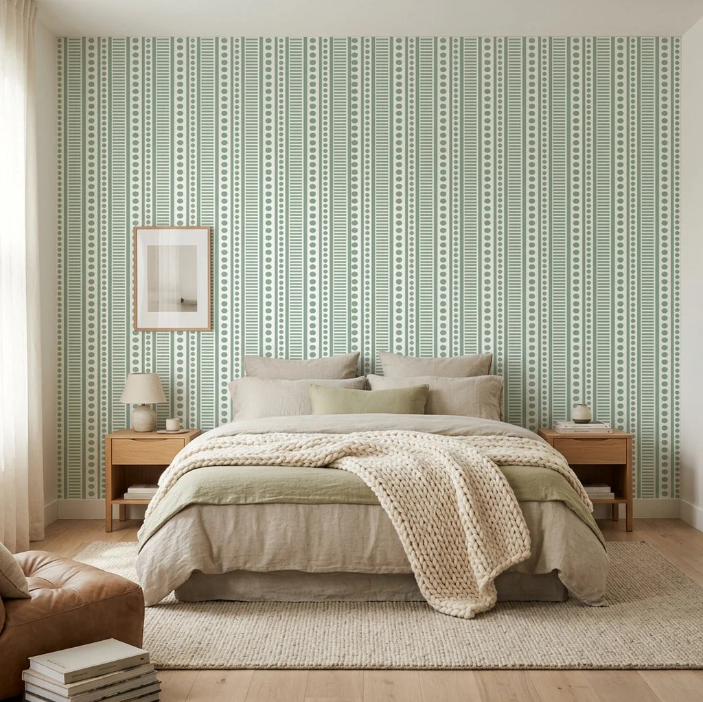 Sage green and cream Mint Morse striped wallpaper with geometric dots on serene bedroom accent wall