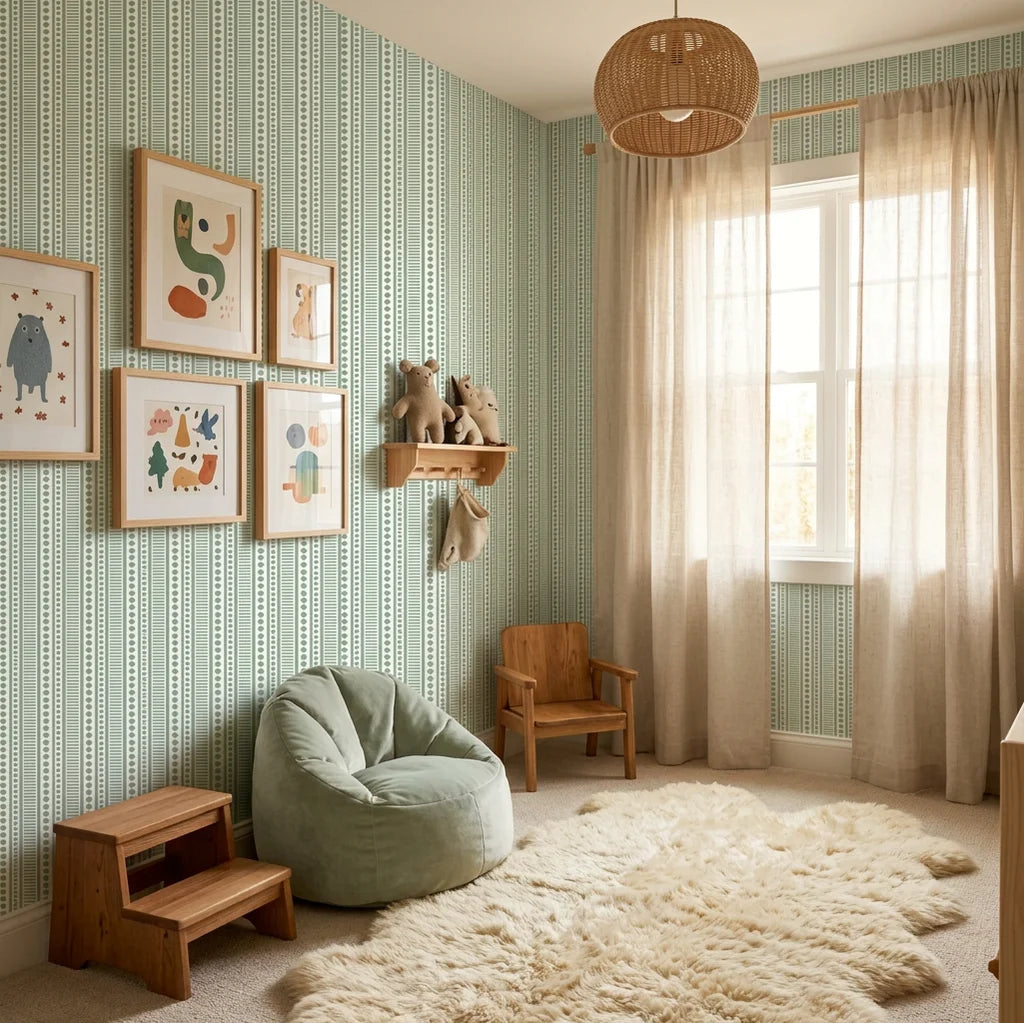 Mint Morse geometric stripe wallpaper in sage green nursery with natural wood accents