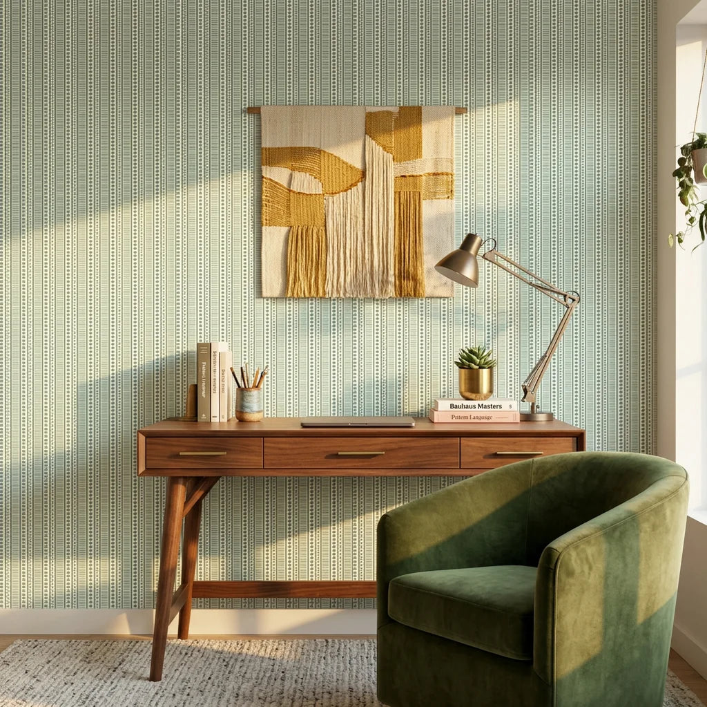 Mint Morse sage green geometric stripe wallpaper as a feature wall in a bright home office