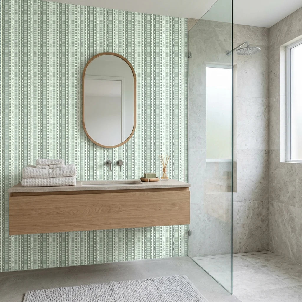 Mint and white Morse code stripe peel and stick wallpaper in modern minimalist bathroom