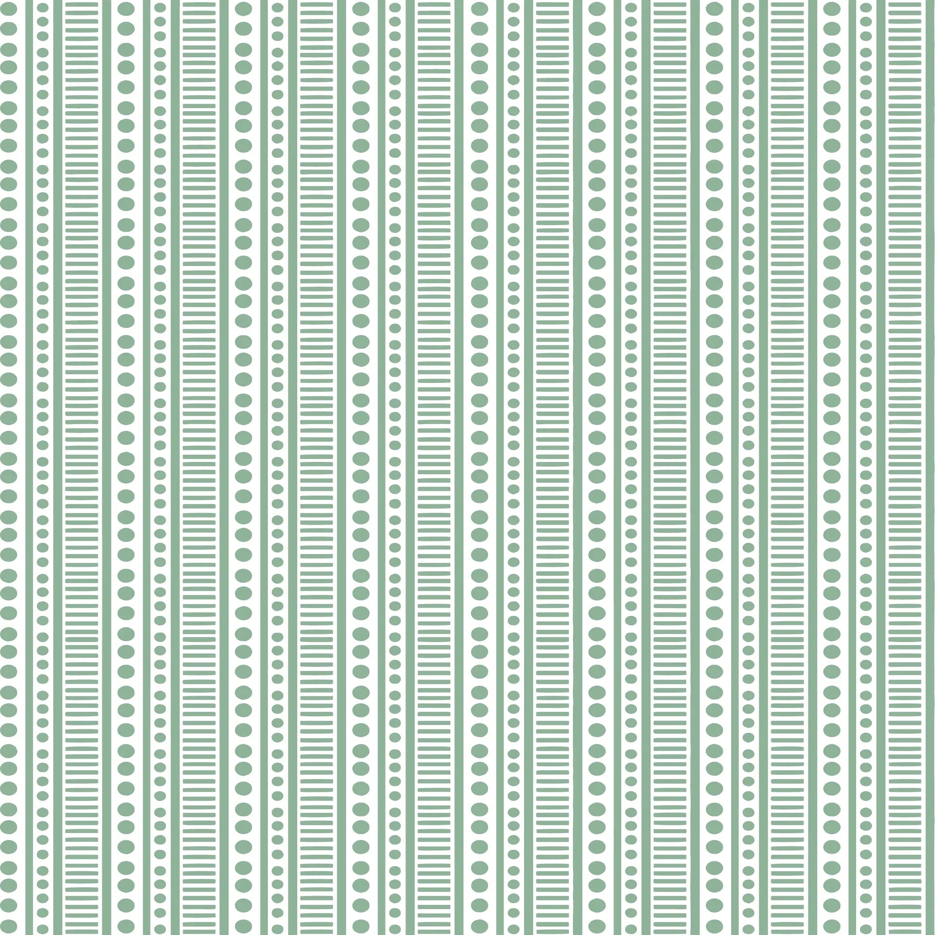 Modern Mint Morse wallpaper featuring sage green dots, stripes, and dashes in geometric columns on white background