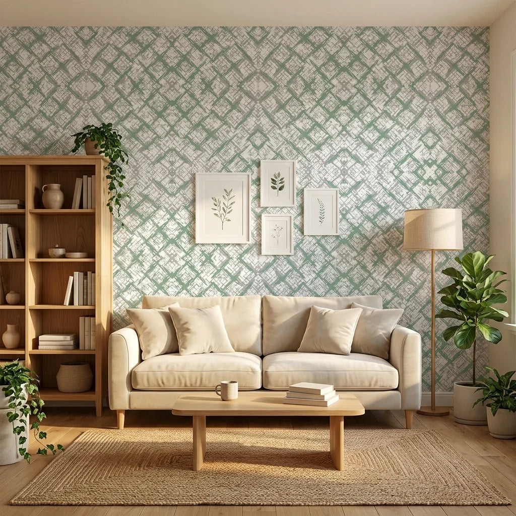 Mist & Meadow sage green abstract wallpaper in a warm and inviting living room