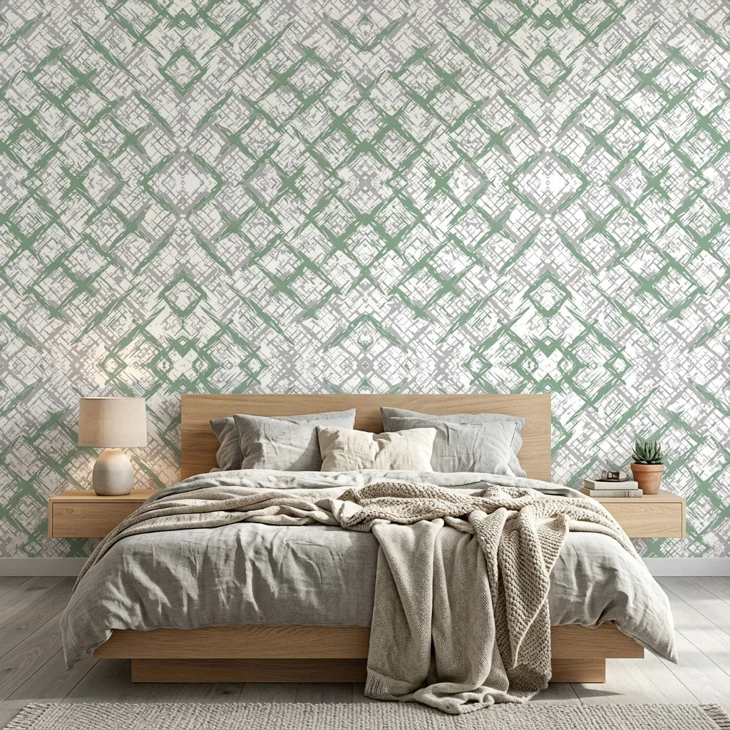 Mist & Meadow sage green abstract wallpaper adding character to a cozy bedroom