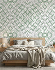 Mist & Meadow sage green abstract wallpaper adding character to a cozy bedroom