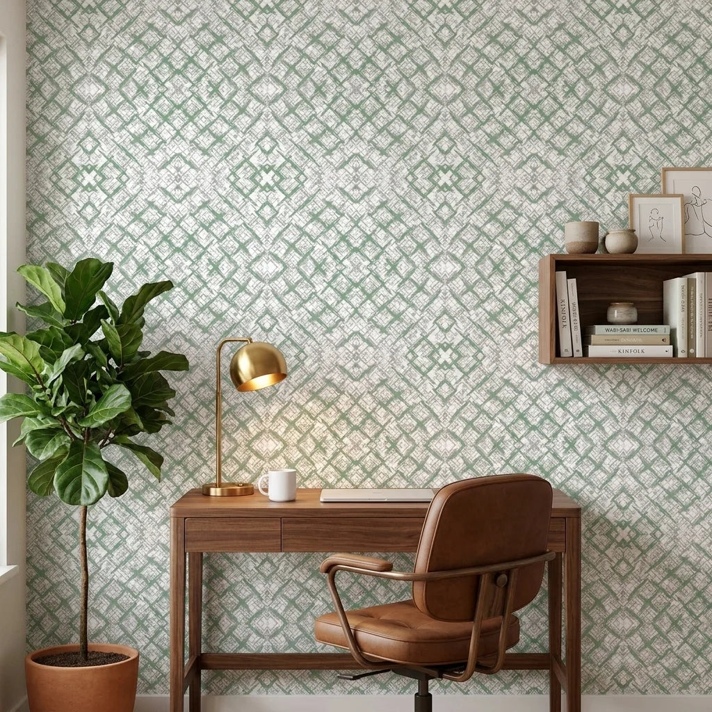 Mist & Meadow sage green abstract wallpaper as a feature wall in a bright home office