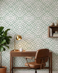 Mist & Meadow sage green abstract wallpaper as a feature wall in a bright home office