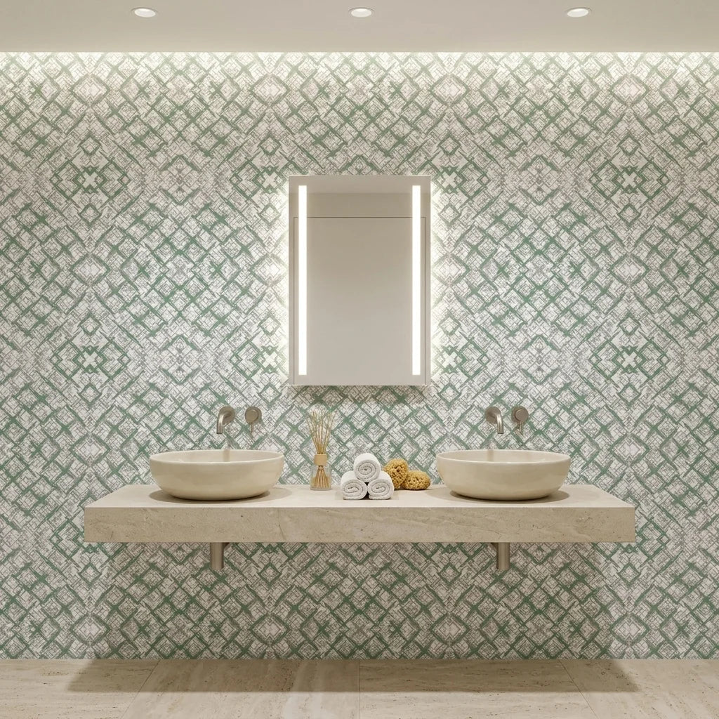 Mist & Meadow sage green abstract wallpaper creating ambiance in a serene bathroom