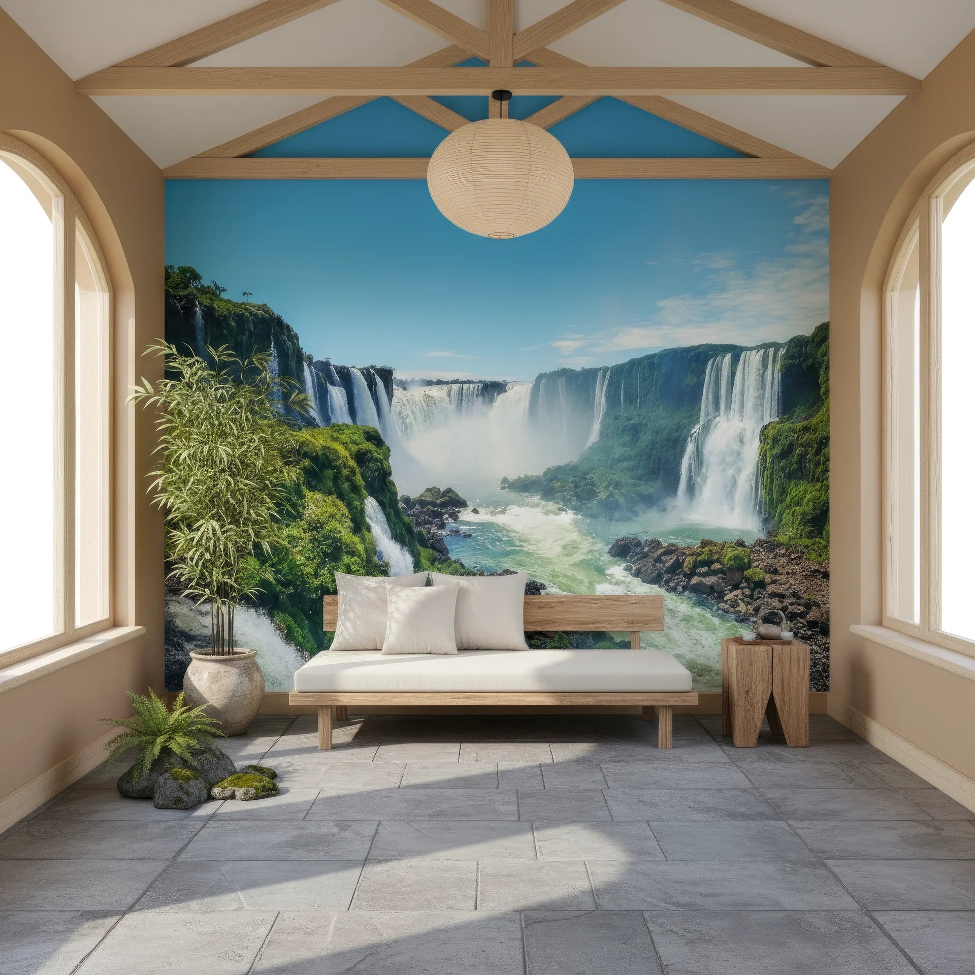 Foggy atmosphere surrounding powerful landscape features peel and stick wallpaper