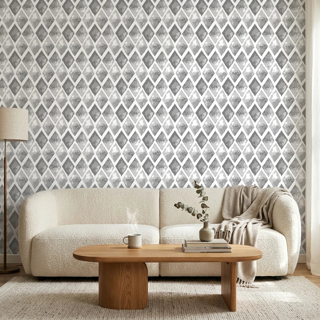 Mist & Stone grey geometric peel and stick wallpaper in a warm and inviting living room