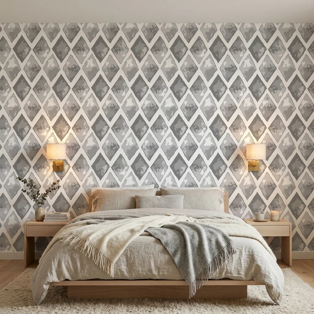 Mist & Stone grey geometric peel and stick wallpaper adding character to a cozy bedroom